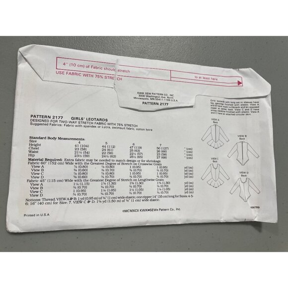 Kwik Sew 2177 Sewing Pattern Sizes 4-5-6-7 Girls Leotard Two Way Stretch NEW - Picture 3 of 7